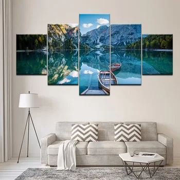 

Pictures Canvas Wall Art 5 Pieces Mountain Lake Ship And Blue Sky White Cloud Scenery Modular Painting Decor Room Frames Prints