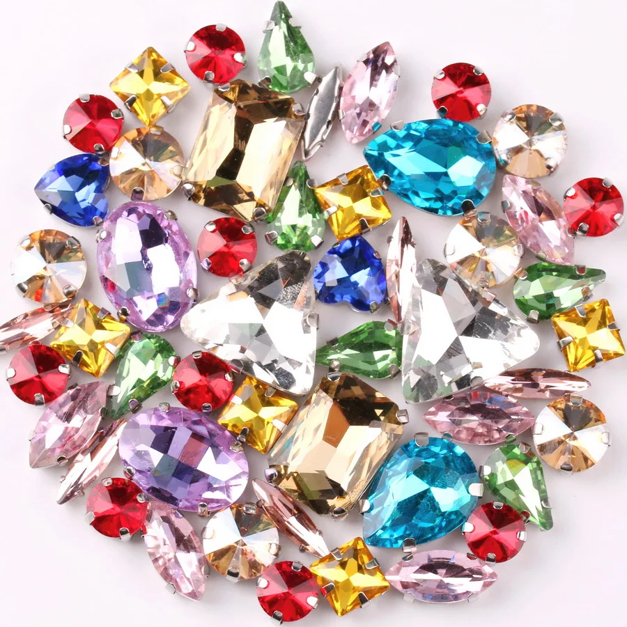 Silver Claw Setting Crystal Rhinestones - 50pcs Mixed Shapes, Clear & Jelly Candy AB