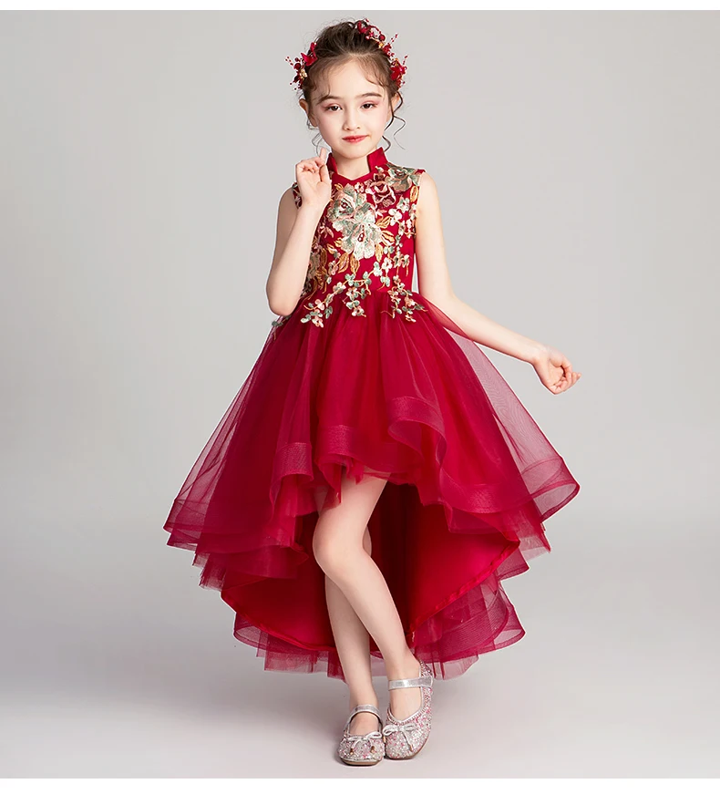 Красное Кружевное платье для девочек вечерние платья принцессы для девочек Свадебные платья с аппликацией для девочек, платье для первого причастия