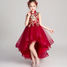 Красное Кружевное платье для девочек вечерние платья принцессы для девочек Свадебные платья с аппликацией для девочек, платье для первого причастия