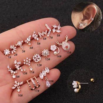 

1pc Flower Elk Rose Gold Color Cz Ear Studs Helix Piercing Cartilage Earring Conch Rook Tragus Stud Ear Piercing Jewelry