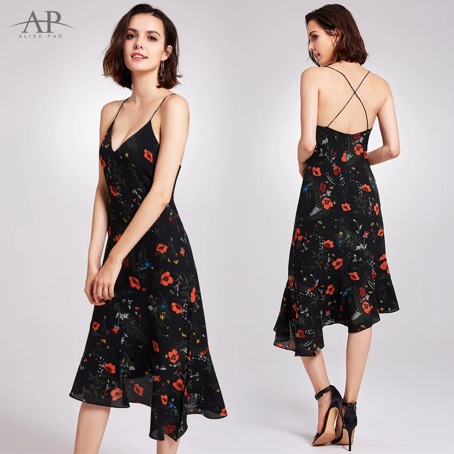 

2019 European And American-Style Summer New Style Strap V-neck Printed off-Shoulder Dress Dress