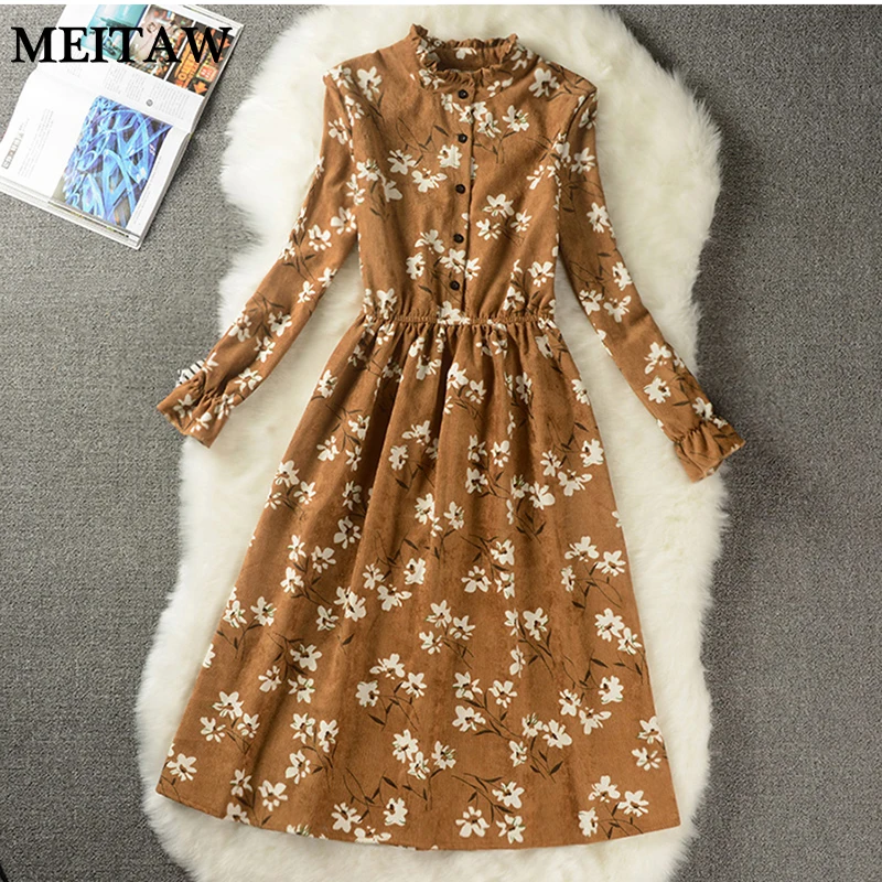 

Winter Women Floral Print Women Party Dress 2019 Casual Stand Elastic Waist Midi Dresses Vintage Female Corduroy Dress Vestidos