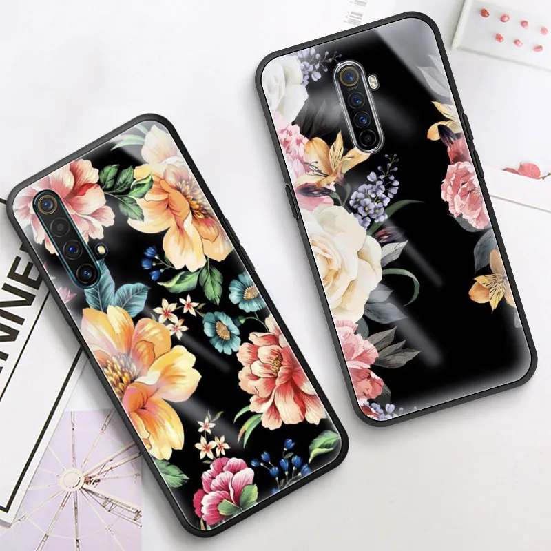 Чехол с цветами и розовыми стеклами для Realme 5 6 Pro XT C3 Oppo A52 A9 2020 Find X2Lite чехлы мягкими