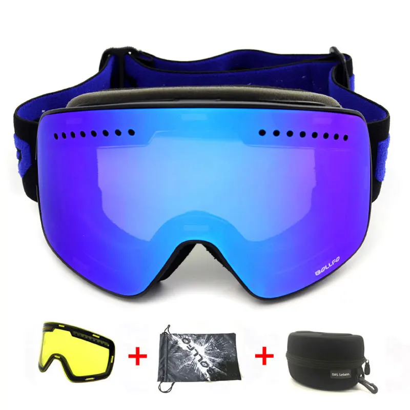 Магнитный двойные линзы очки для катания на лыжах и маски Анти-туман UV400 очки для катания на сноуборде лыжные очки для мужчин и женщин с Чехол - Цвет: Black Blue