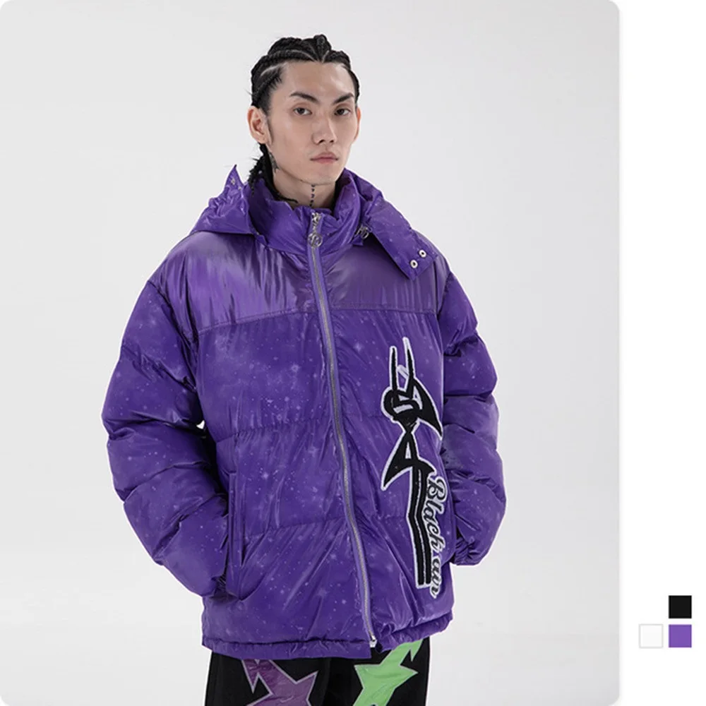 

Bright New Men Vintage Starry Sky Down Jacket Couple Winter Thick Warm Windbreaker Hip Hop Hooded Puffer Jacket Men