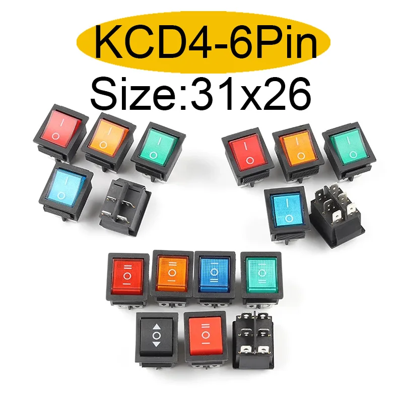 

1/5Pcs 6Pin 31X26mm Power Rocker Switch KCD4 2/3 Position Boat Button Switch Latching with Light16A 250VAC 20A 125VAC On-Off-on