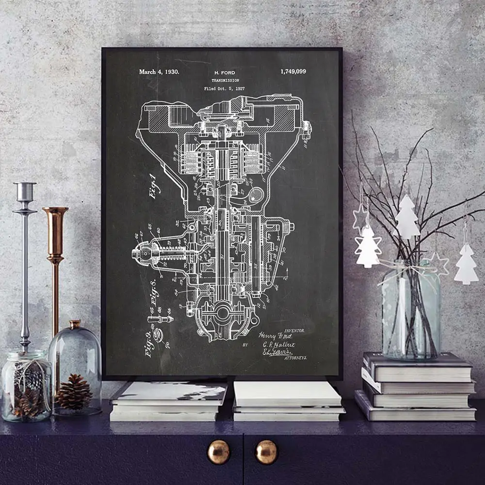 

Transmission Henry Ford Patent Vintage Poster Car Engine Parts Canvas Painting Wall Art Blueprint Prints Pictures Home Decor