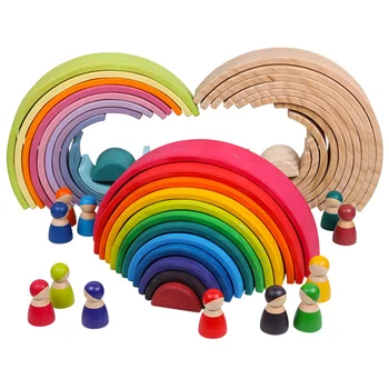 

Big Wooden Rainbow Building Blocks Wooden Balls Plate Figures Rainbow Stacking Blocks Montessori Soft Warm Color Blocks Toy