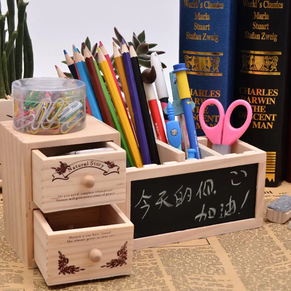 

Wood Double Layer Drawer Tabletop Pen Holder Organizer with Message Board for Home Office