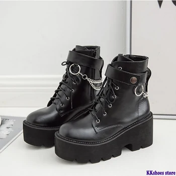 baratas Correntes De Metal Grossas Botas De Plataforma Das Mulheres Dedo Do Pé Redondo Martin Botas Mulheres Botas De Inverno Preto Punk Goth SWE0872