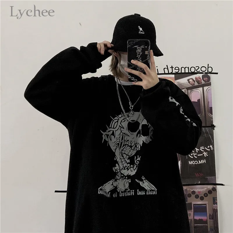  Lychee Harajuku Thorns Skull Print Women Sweatshirt Spring Autumn Lady Sweatshirts Tops Casual Loos