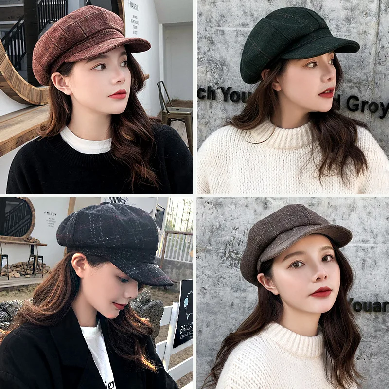 

New Autumn Winter Solid Casual Vintage Women's Hat Beret Plain Cap Plaid Girl's Wool Warm Winter Berets Visor Cap