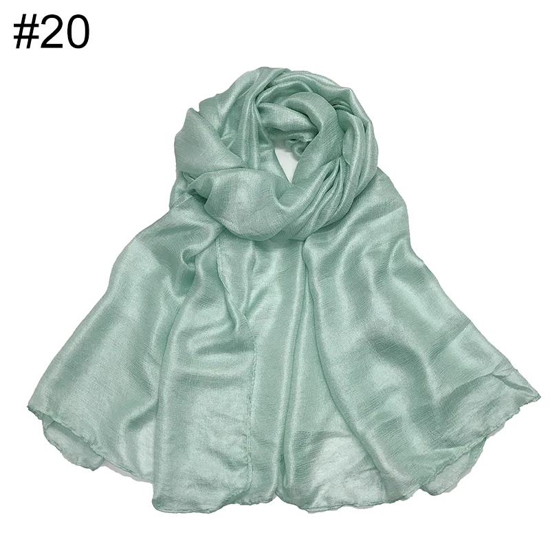 Женский мусульманский хиджаб, горячая Распродажа, шелковые шарфы, женские Шалуны, одноцветные, повязка на голову, чистая цветная бандана, длинный глушитель, 10 шт./лот
