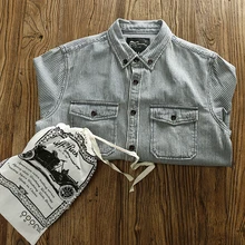 

Autumn and Winter New Long Sleeved Lapel Denim Striped Tooling Shirt Men's Fashion Washed Old Vintage Thickened Casual Blouses