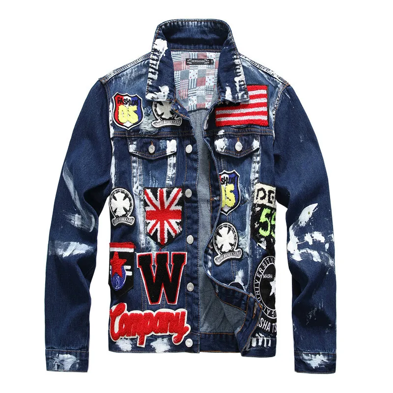 

Men's flag letters patch design painted denim jacket Slim fit skull badge patchwork long sleeve jean coat Outerwear