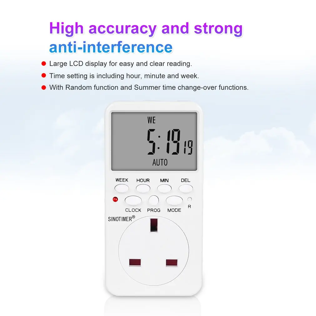SINOTIMER TM519 7 дней Еженедельный ЖК-цифровой программируемый переключатель розетка таймер вилка контроль релейного переключателя времени ЕС/США/Великобритания/IT/BR/IL
