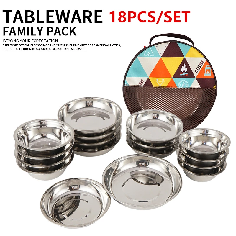 Outdoor Camping Dinnerware Stainless Steel Barbecue Picnic Plate Bowl 18pcs Set 