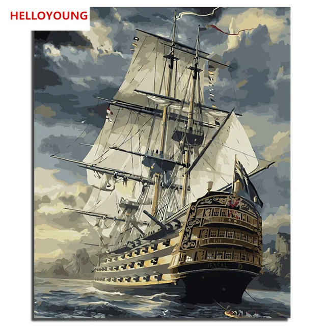 Корабль картина с парусным судном по номерам современный закат у океана DIY Цифровая Настенная картина для домашнего декора пейзаж картина маслом 40x50 см
