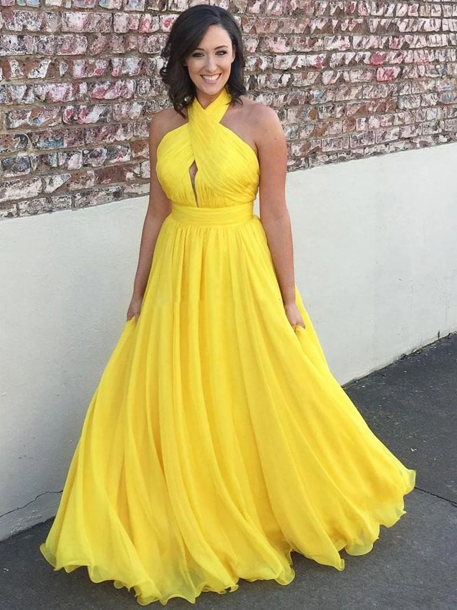 Geel Plus Size Chiffon Halter Lange Avondjurken Plisse Floor Lengte Sexy Backless Prom Party Jurken EEN Lijn Formele Gowns Geel Plus Size Chiffon Halter Lange Avondjurken Plisse Floor Lengte Sexy Backless Prom Party Jurken EEN Lijn Formele Gowns