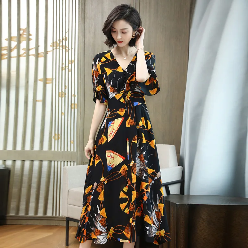 

silk dresses women natural 2020 spring summer black printed retro floral casual sexy dress elastic slim plus size high-quality