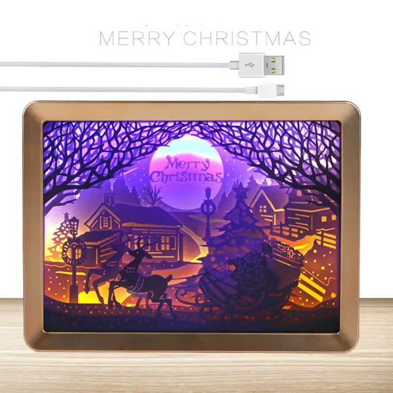 

Christmas 3D Night Lamp Paper Pattern Painting LED Table Desk Box Frame