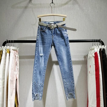 

European Goods Slim Fit Slimming Jeans Women's 2020 New Beads Diamond Denim Pencil Pants Tassels Elasticity Skinny Pants Jean