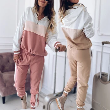 

Women 2 Pcs Running Set 2019 Fashion Striped Hooded Tracksuit Workout Clothes Casual Loose Sweatshirts Joggers Suits Sportswear