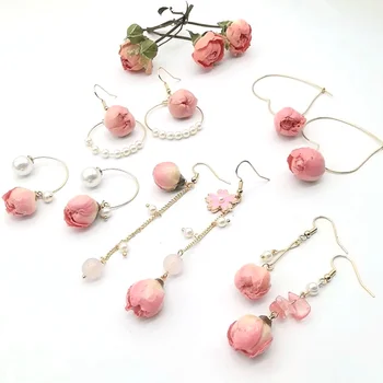 

1Pair Pink Natural Dried Flower Drop Earrings Ear Clip With Liquid Resin Covered Rose Earring Real Nature Dry Flower Jewelry