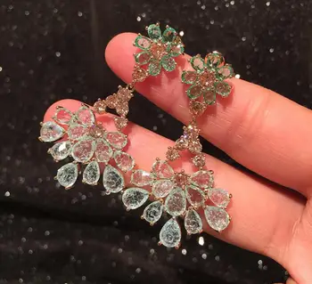 

Green small fan chic women super flash creative crack zircon luxury long tassel flower earrings