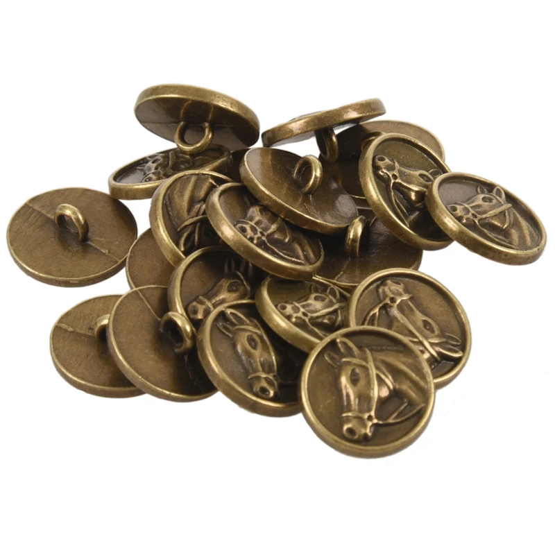 

20PCs Zinc alloy Buttons Horse Head Carved Round Bronze Tone 15mm( 5/8 inch)Dia.