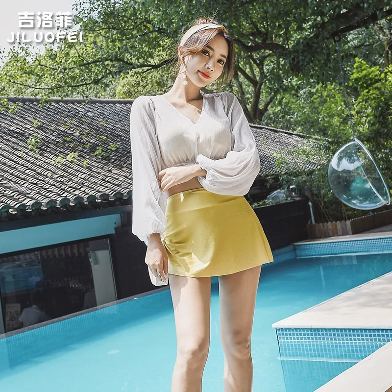 

Ji Loepfe 2019 New Style Swimsuit Small Bust Gathering Three-piece Set Korean Goods Hot Springs Graceful Slimming Split Skirt