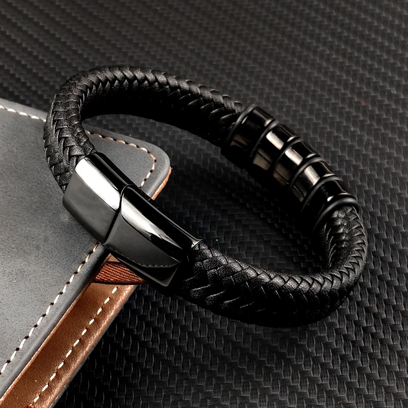 Stainless Steel Leather Bead Charm Bracelet For Men Women Family Name Bracelets