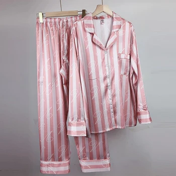 

Winter Pyjamas for Women Long Sleeve Sleepwear Pajama Satin Silk Pjamas Pj Set Striped Loungewear Homewear Autumn Clothes Pijama