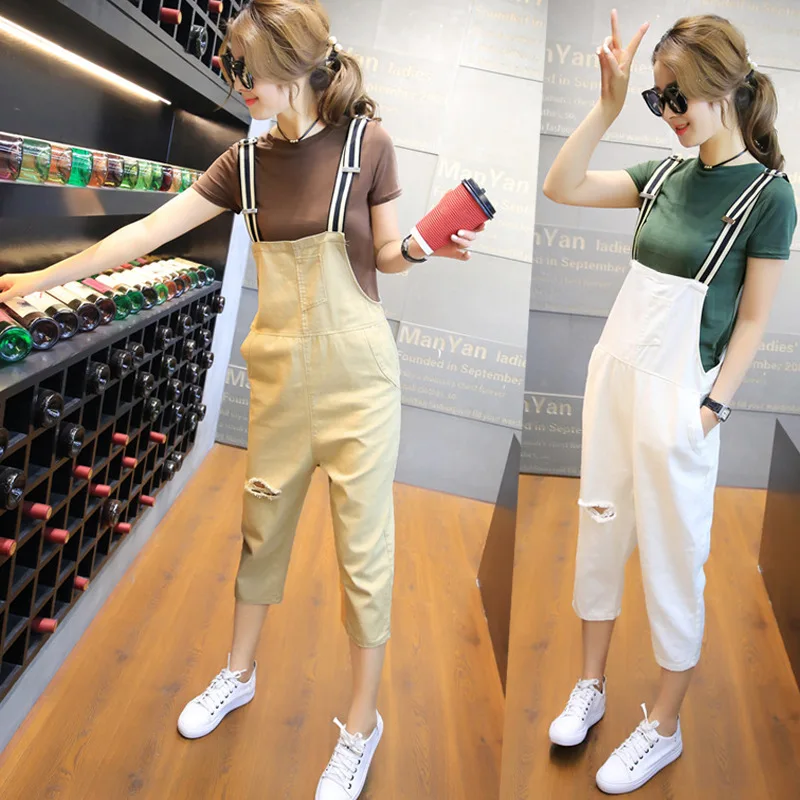 Hot Female Summer Fashion White Jumpsuit for Women Boyfriend Holes Harem Pants Romper Casual Calf-Length Loose Overalls