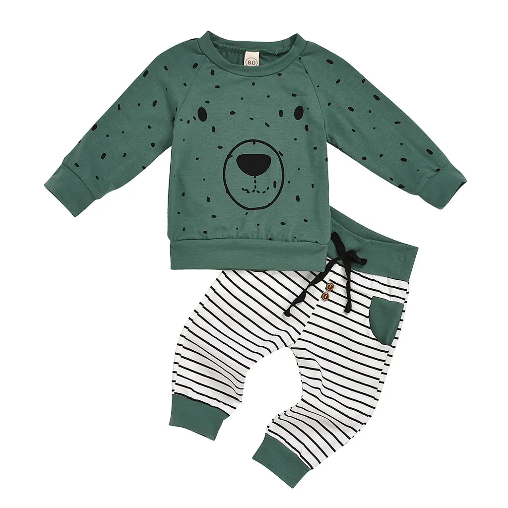 Толстовка с капюшоном для маленьких мальчиков с рисунком медведя из мультфильма; толстовка+ штаны; комплект одежды; комплекты одежды для маленьких мальчиков; Милая одежда для малышей - Цвет: Зеленый