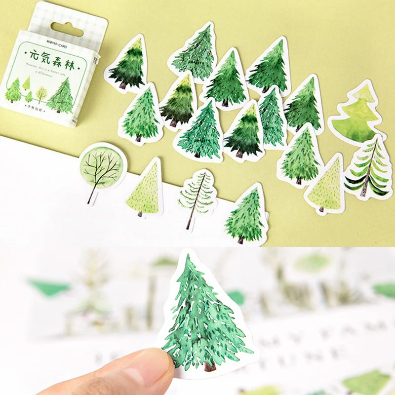 

45Pcs Green Trees Stickers DIY Paper Adhesive Sticker For Phone Laptop Fridg Decor Students Kids Diary Label Scrapbook Sticker