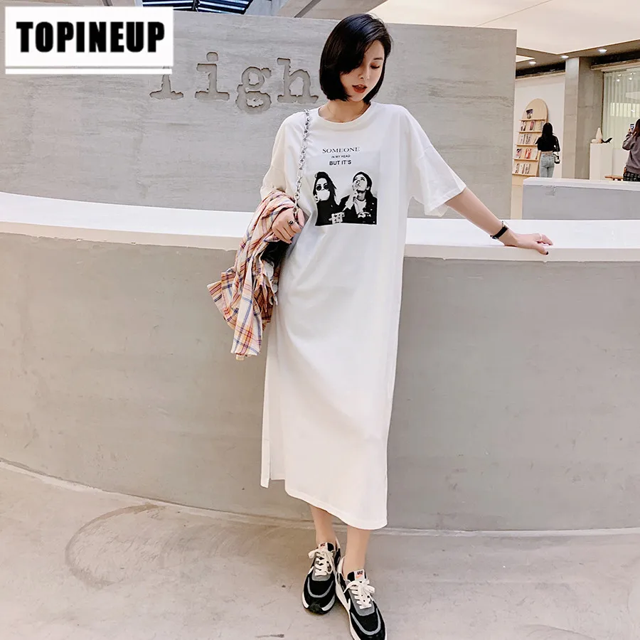 Summer Long White Slit Short-Sleeve Dress Loose Round Neck Cartoon Print Commute Comfortable Dresses For Ladies | Женская одежда