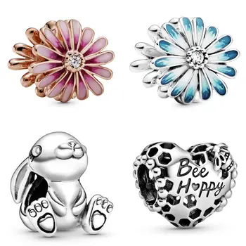 

Bee Happy Honeycomb Heart Blue & Pink Daisy Flower Nini the Rabbit Beads Fit Bracelet 925 Sterling Silver Charm Jewelry