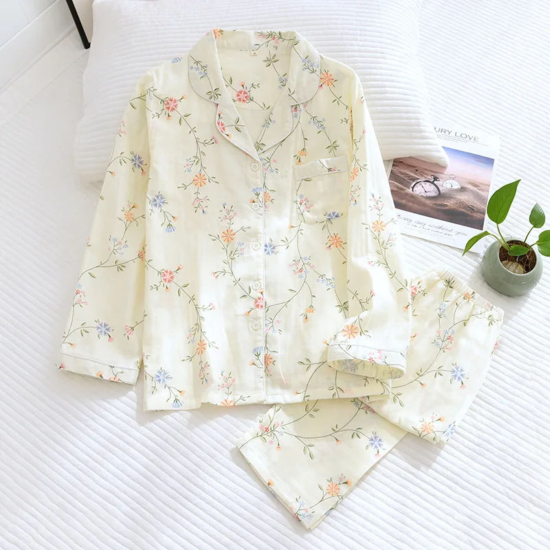 silk pj set Fdfklak 100% Cotton Gauze Women Homewear Pajama Suit Casual Floral Printed 2Pcs Turn Down Collar Nightwear Pijamas Mujer sexy pajama sets