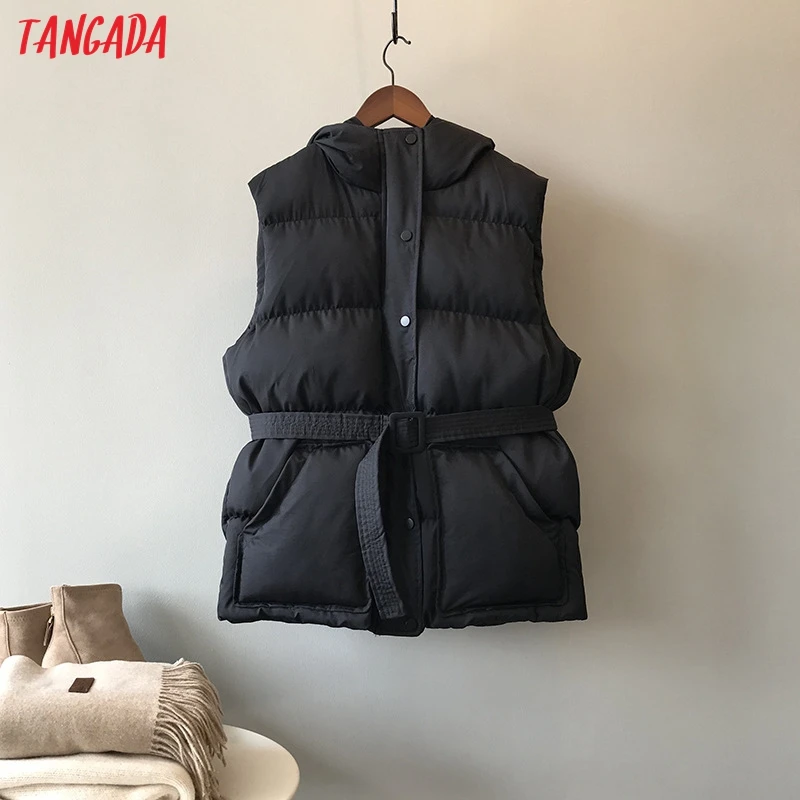 Черный Tangada, Женские однотонные парки без рукавов с поясом, с капюшоном, на молнии,, зимнее женское теплое длинное пальто, корейская модная куртка ASF01 - Цвет: Черный