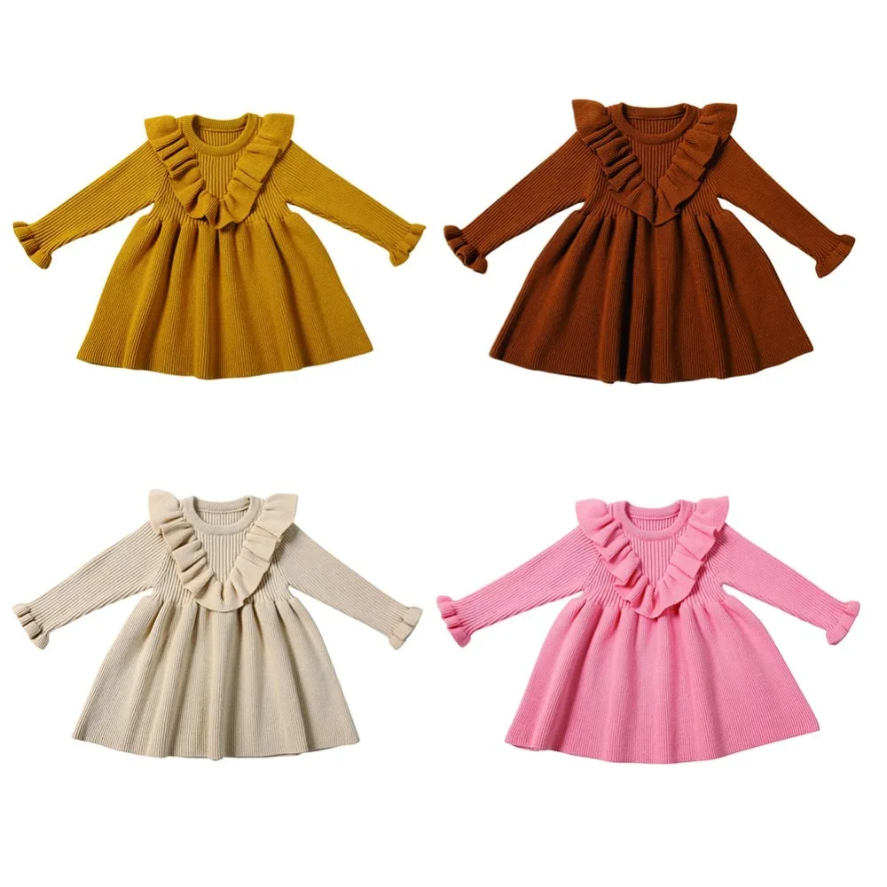 Осеннее Повседневное платье для малышей платья для малышей трикотажное платье с длинными рукавами для девочек детская одежда однотонное платье принцессы с принтом для детей от 0 до 36 месяцев
