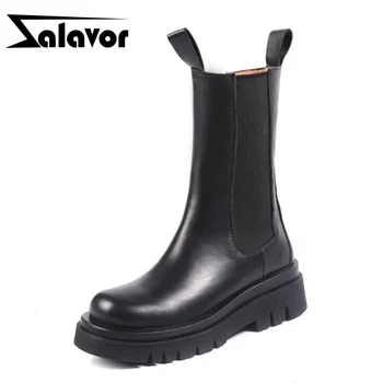 

ZALAVOR Mid Calf Boots Women Real Leather Patchwork Women Winter Shoes Fashion Cool Short Boots Ladies Footwear Size 34-40