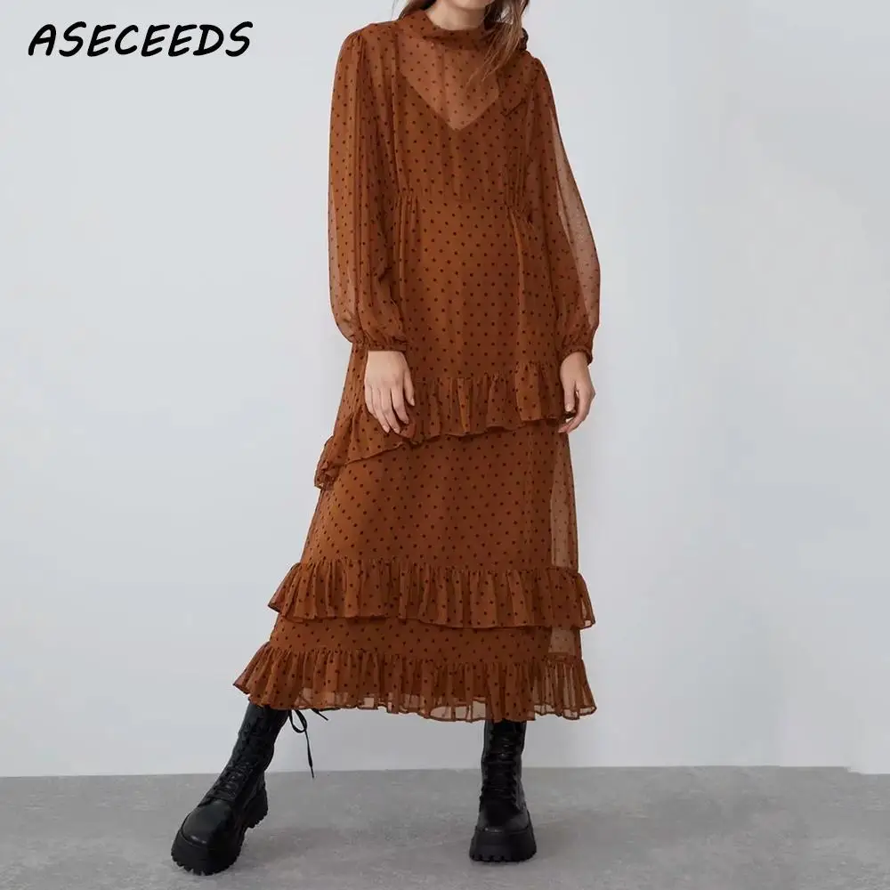 

Vintage polka dot dress women elegant ruffles long sleeve midi dress fall 2019 korean clothes streetwear party dress vestidos