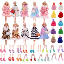Ensemble de vêtements pour poupées barbie, 3 pièces/ensemble, manteaux chauds en peluche d'hiver, Long pull = 1 vêtements + 1 sac à main aléatoire + 1 chapeau, poupée de 11.8 pouces