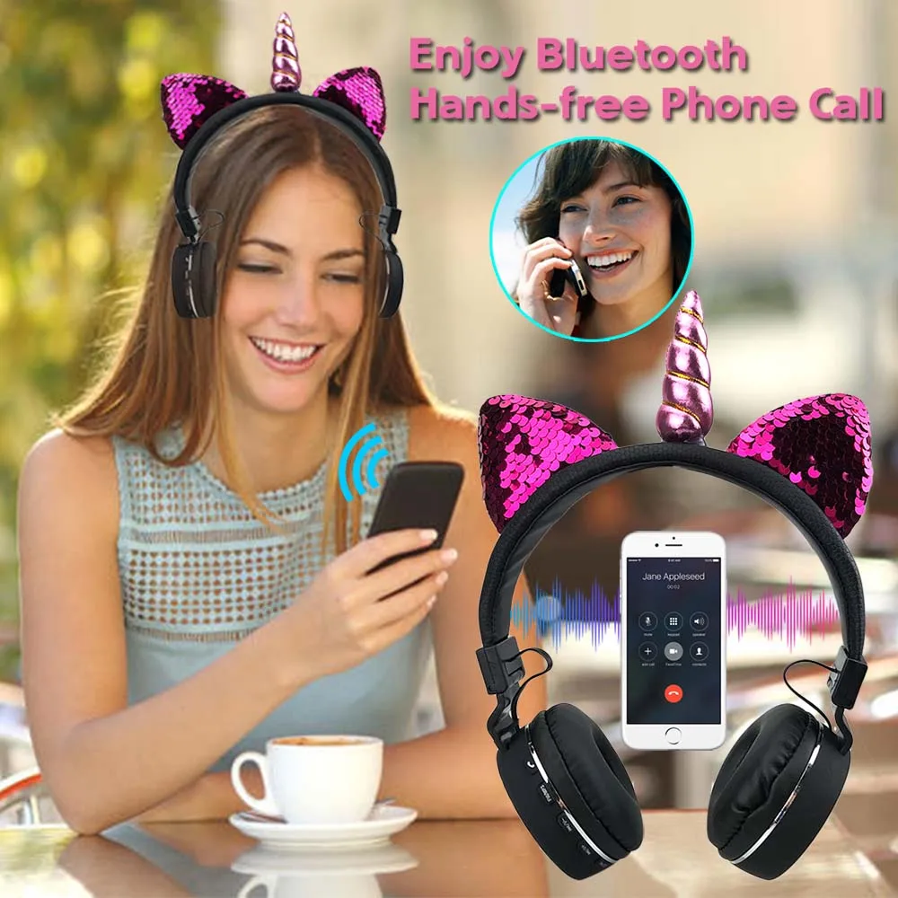 JINSETR Bluetooth Cat Ear Kids Headphone Foldable Stereo Unicorns Headphones Music Player Support Handsfree for Boys and Girls