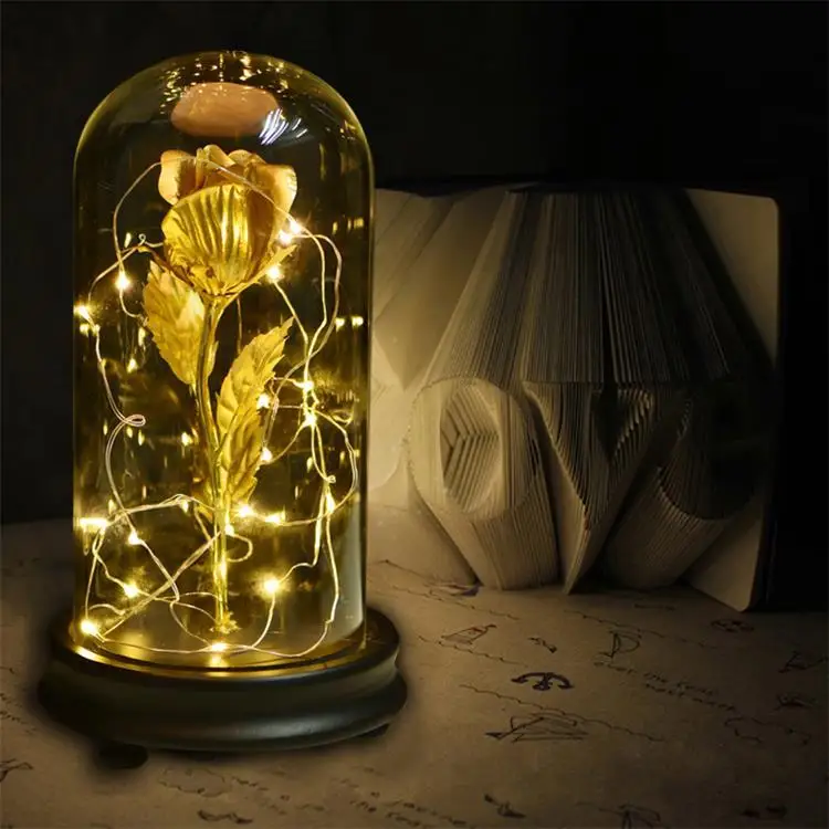 Gold Rose Bud YO CHO 24K золотой фольга Розовый Светодиодный светильник в стеклянном куполе Валентина матери подарок на Рождество сохраненный вечный золотой цветок розы - Цвет: Gold Rose Bud