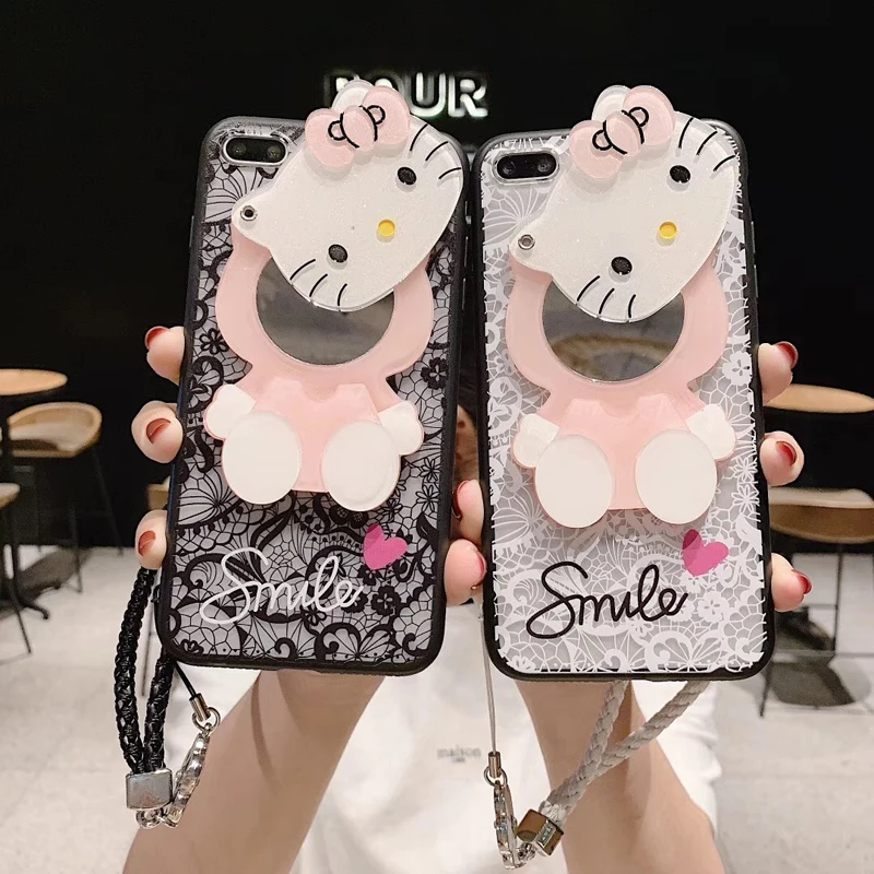 

Lace Phone Case For iphone xr xs max x Mirror case Cartoon KT cat Soft Phone Cases For iphone 7 8 plus 6 6s back cover + Strap