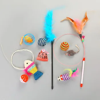 

10 Piece Cat Toy Set Pestle Stick Simulation Fish Wire Feather Toy Combination Practical Household Interactive Toy For Cats