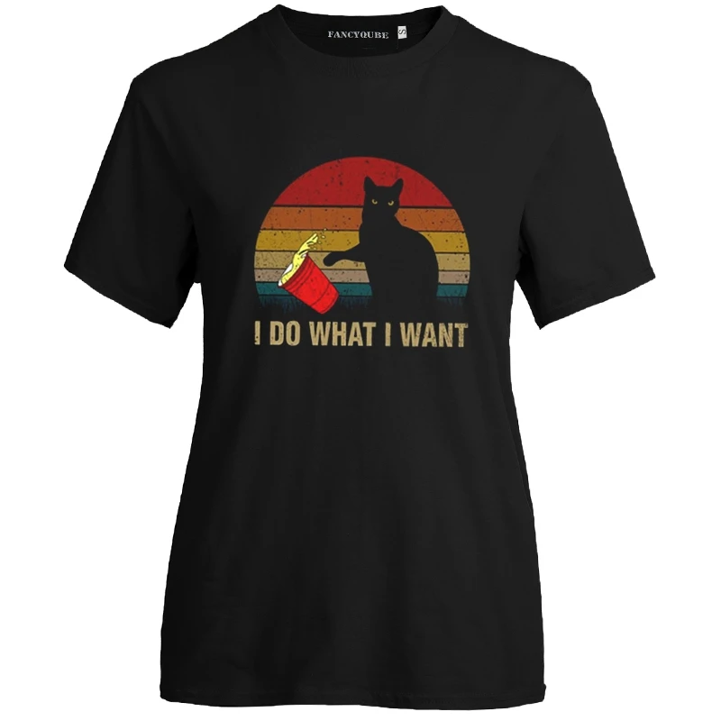 Милая кошка I Do What I Want винтажная женская футболка женская мужская футболка с длинными рукавами топы с круглым вырезом и коротким рукавом